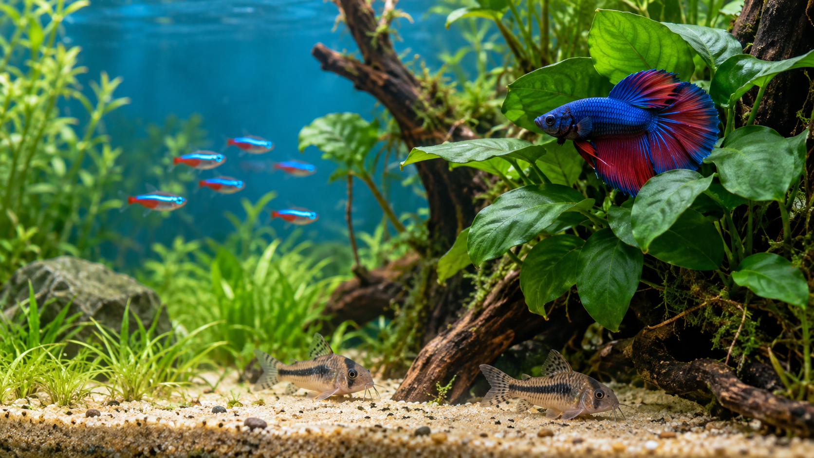 Betta, neon tetras and Corydoras in a planted freshwater tank